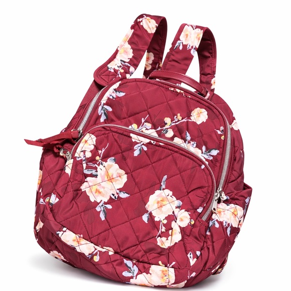 🌸 Quilted Floral Backpack – Burgundy Multi Pocket Travel/Everyday Bag/small 🌸 - Picture 11 of 14